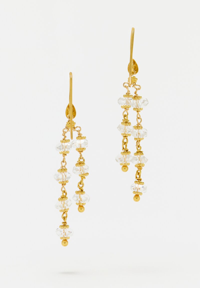 Greig Porter 18K Gold Dotted Disc & Herkimer Diamond Quartz Double Strand Earrings