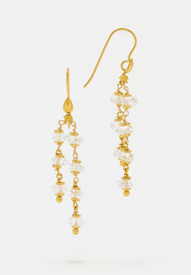 Greig Porter 18K Gold Dotted Disc & Herkimer Diamond Quartz Double Strand Earrings