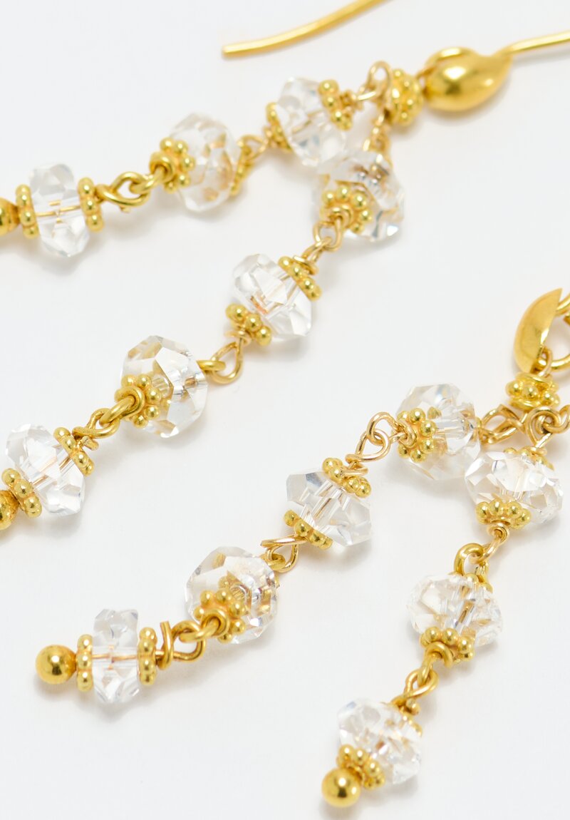 Greig Porter 18K Gold Dotted Disc & Herkimer Diamond Quartz Double Strand Earrings