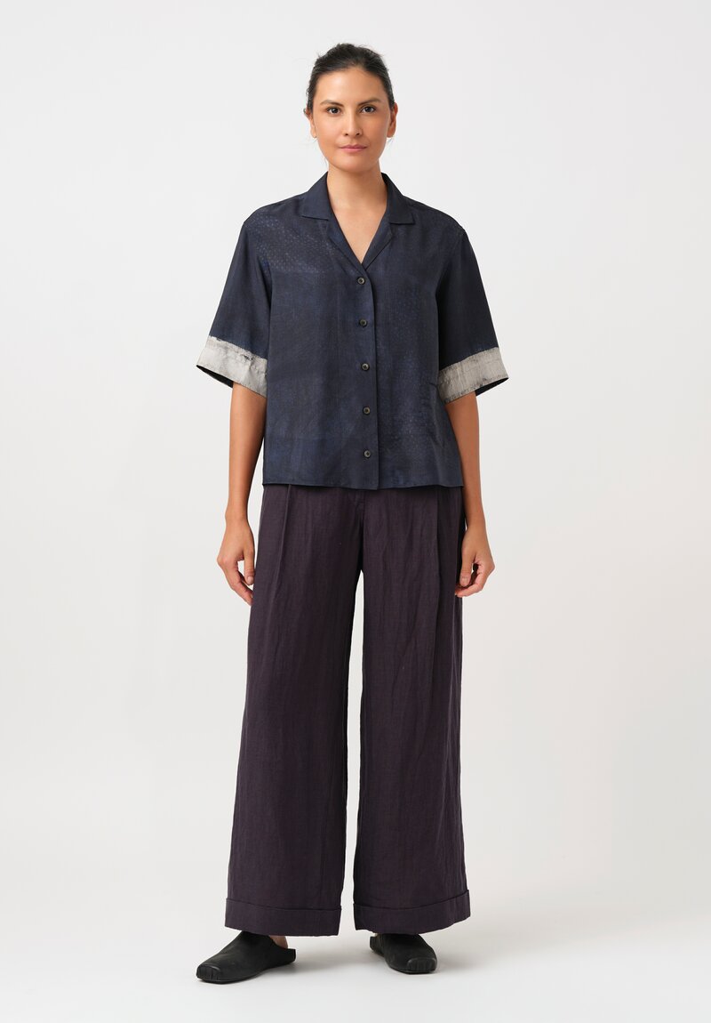 Ziggy Chen Silk Button-Down Top in Navy Blue Digital Denim Print