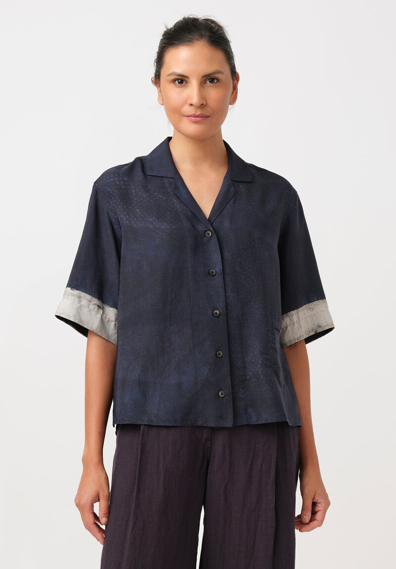 Ziggy Chen Silk Button-Down Top in Navy Blue Digital Denim Print
