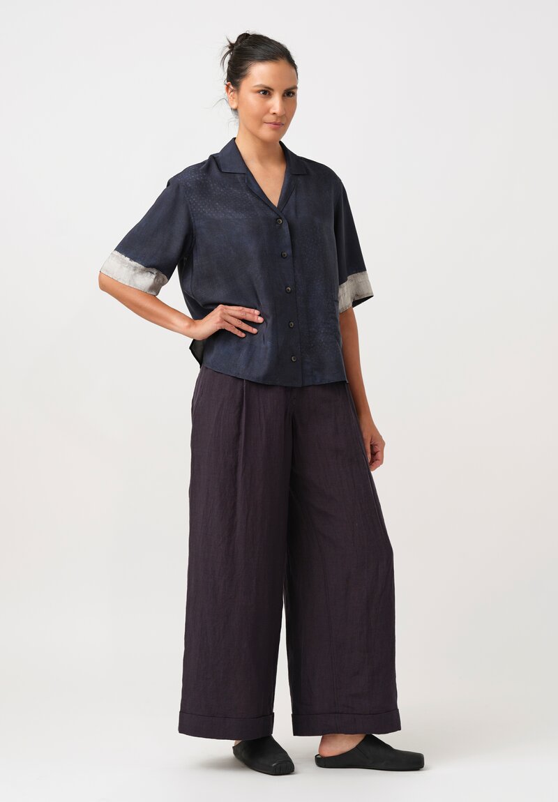 Ziggy Chen Silk Button-Down Top in Navy Blue Digital Denim Print