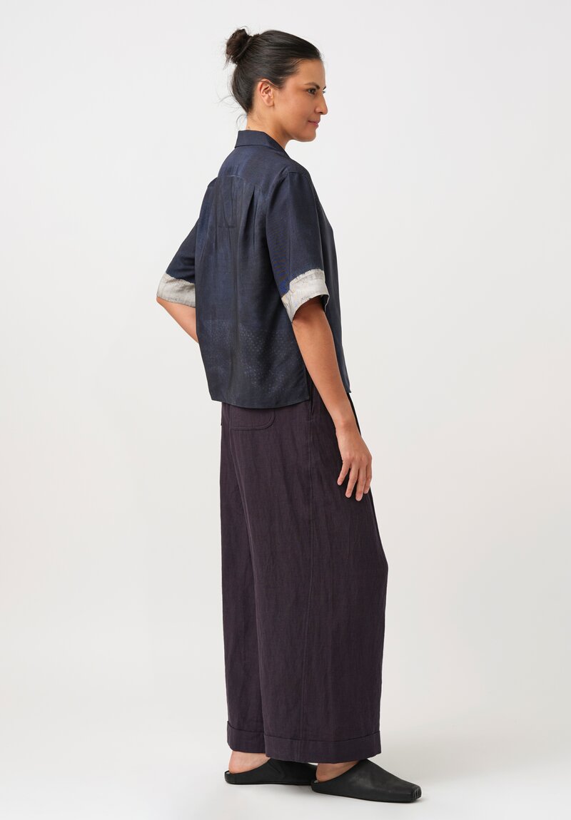 Ziggy Chen Silk Button-Down Top in Navy Blue Digital Denim Print