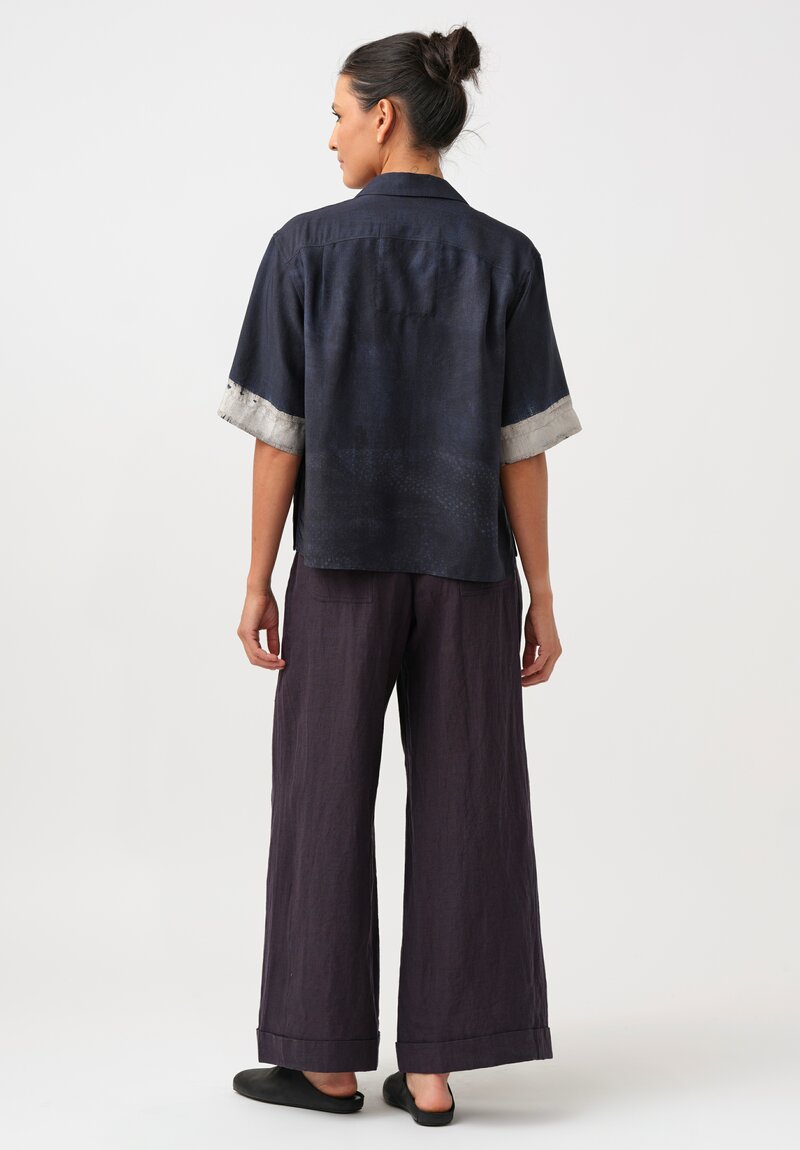 Ziggy Chen Silk Button-Down Top in Navy Blue Digital Denim Print