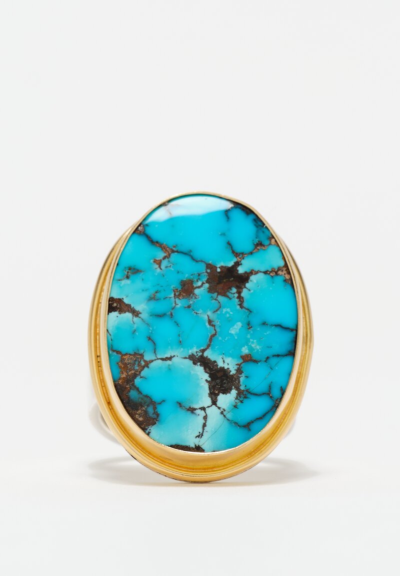 Greig Porter 18K, Sterling Silver & Wide Oval Persian Turquoise Cabochon Ring 7.75