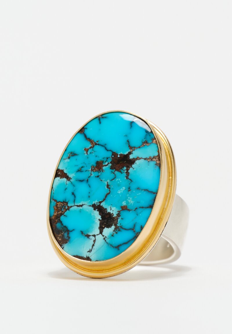 Greig Porter 18K, Sterling Silver & Wide Oval Persian Turquoise Cabochon Ring 7.75