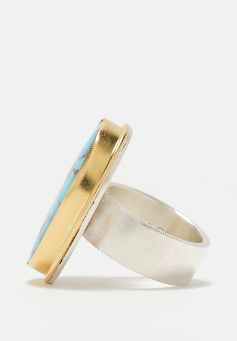 Greig Porter 18K, Sterling Silver & Wide Oval Persian Turquoise Cabochon Ring 7.75