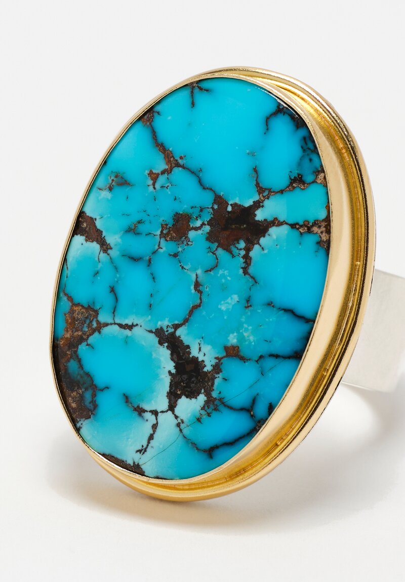 Greig Porter 18K, Sterling Silver & Wide Oval Persian Turquoise Cabochon Ring 7.75