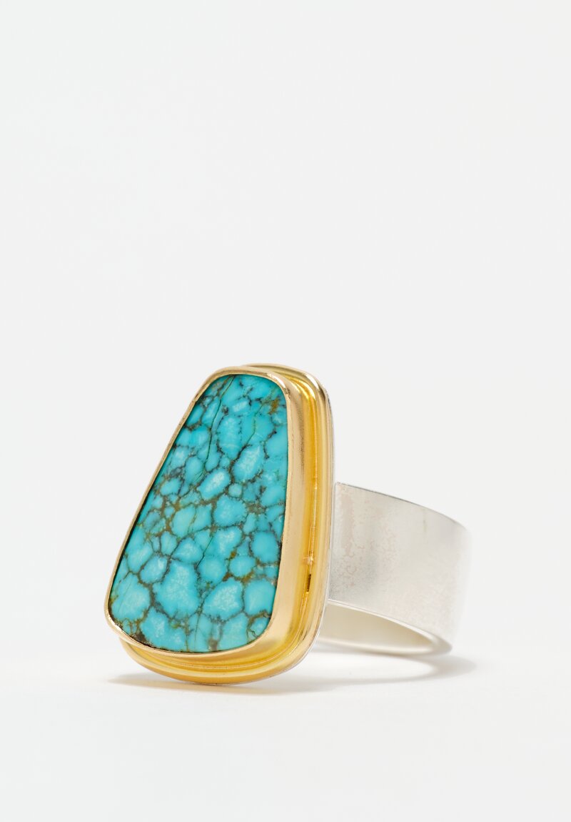 Greig Porter 18K, Sterling Silver & Nevada Number Eight Turquoise Cabochon Ring 7