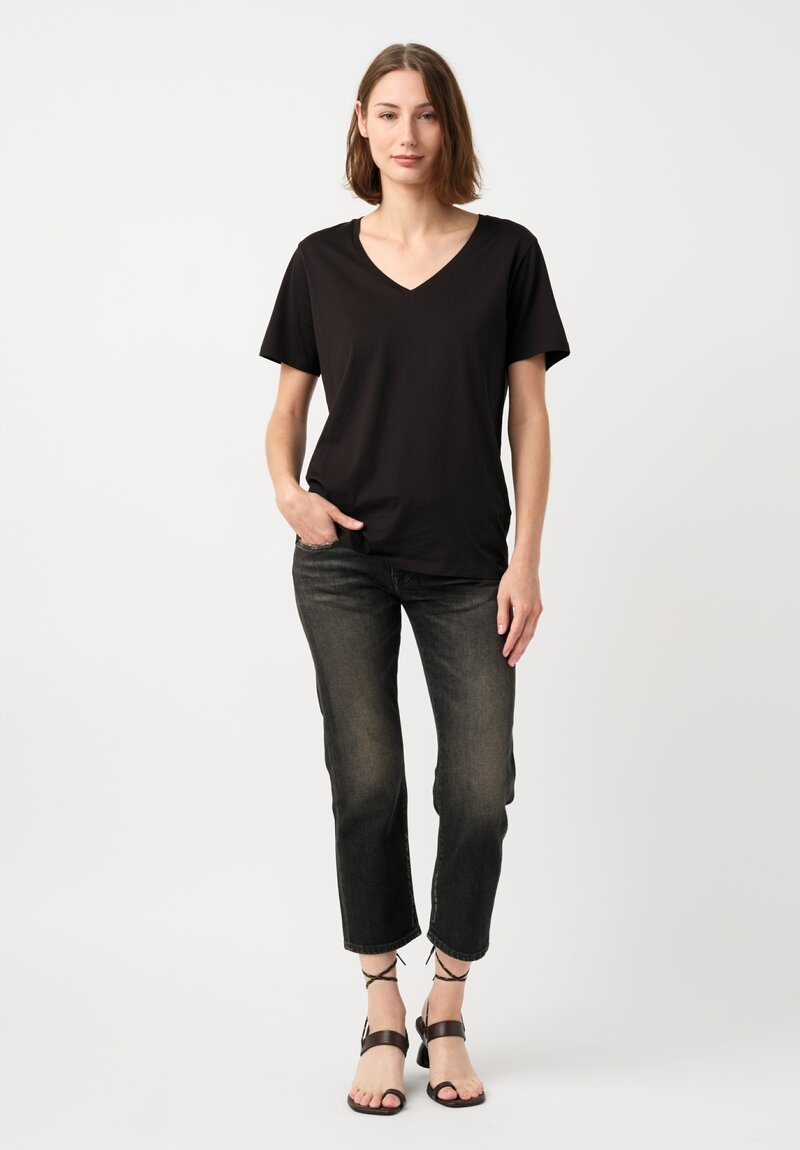 R13 Cotton Denim Distressed Straight Boyfriend Jeans in Abbey Black