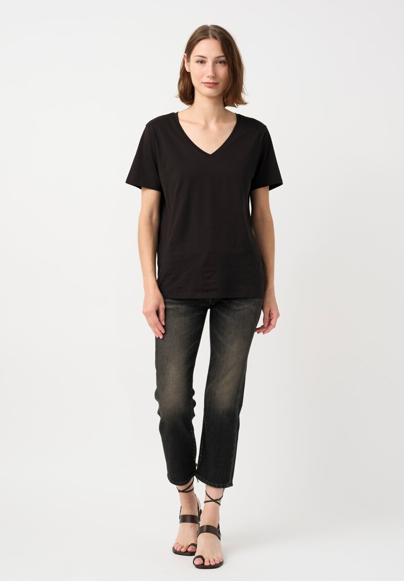 R13 Cotton Denim Distressed Straight Boyfriend Jeans in Abbey Black