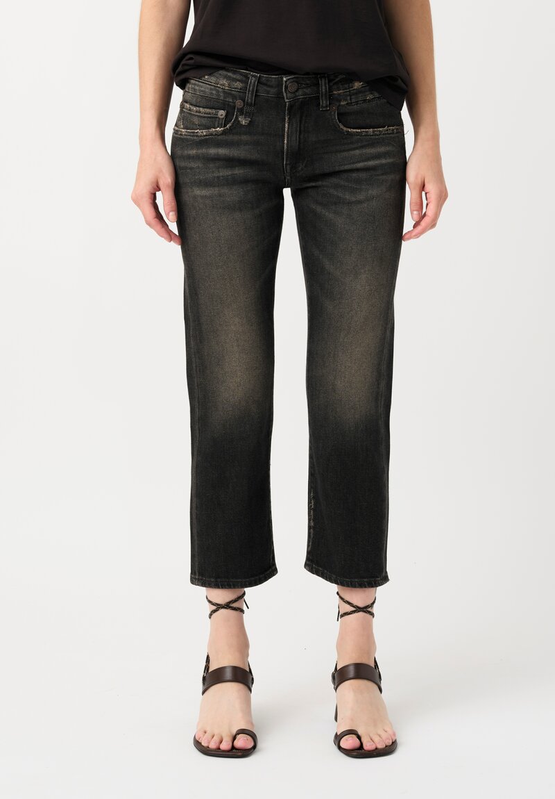 R13 Cotton Denim Distressed Straight Boyfriend Jeans in Abbey Black