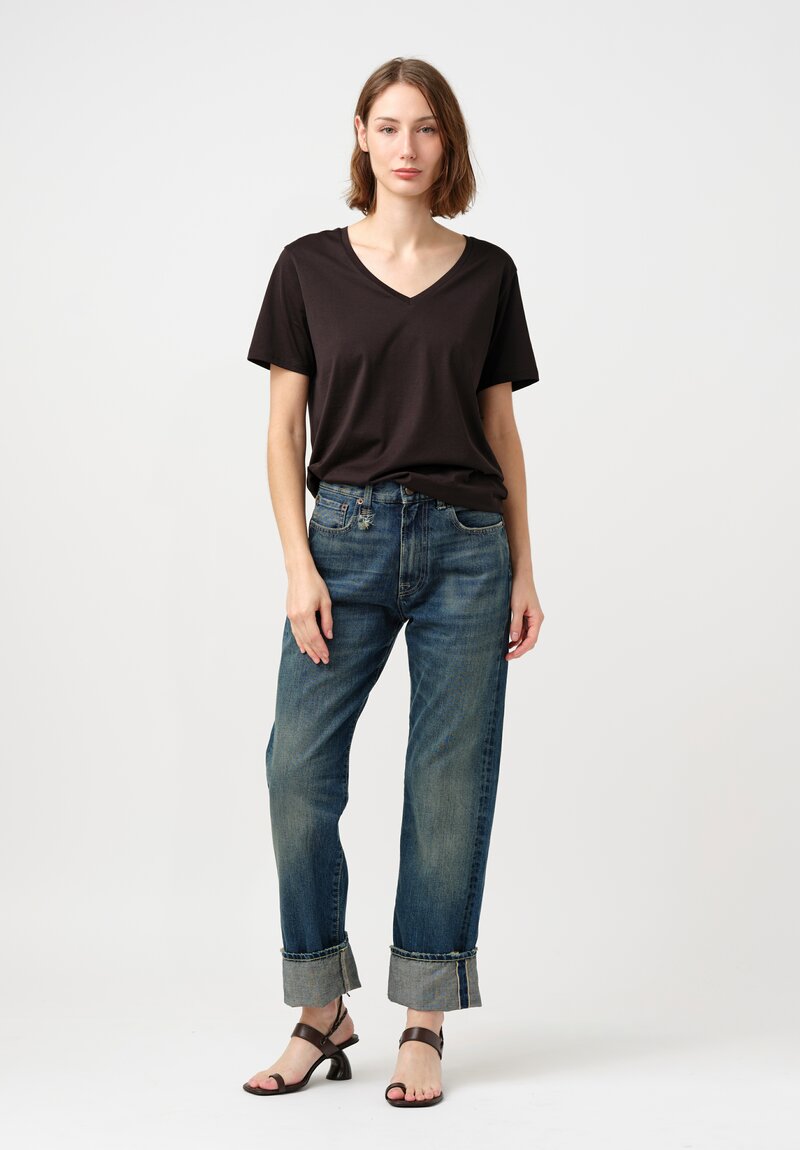 R13 Cotton Denim Cuffed Selvedge Boyfriend Jeans in Adelaide Blue