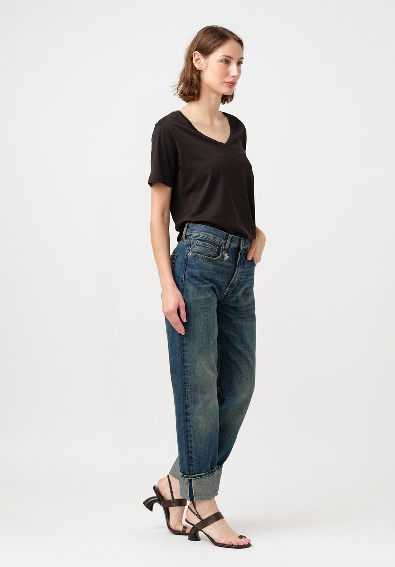 R13 Cotton Denim Cuffed Selvedge Boyfriend Jeans in Adelaide Blue