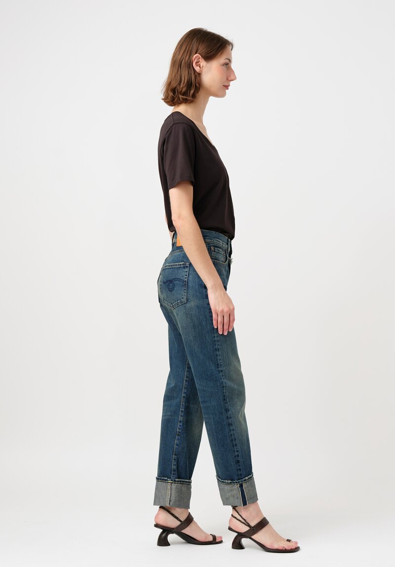 R13 Cotton Denim Cuffed Selvedge Boyfriend Jeans in Adelaide Blue