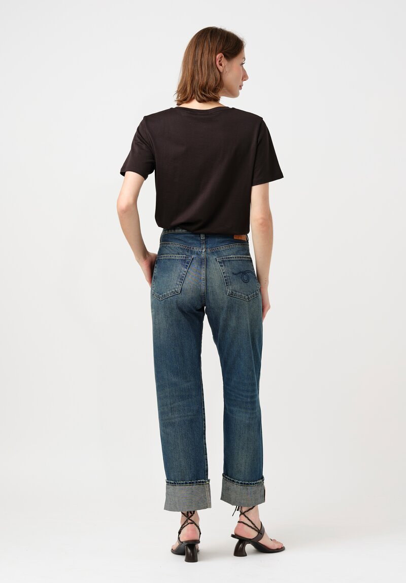 R13 Cotton Denim Cuffed Selvedge Boyfriend Jeans in Adelaide Blue