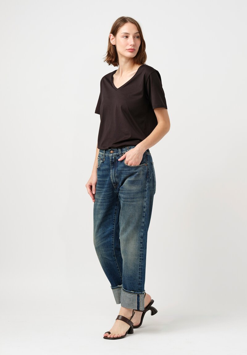 R13 Cotton Denim Cuffed Selvedge Ex-Boyfriend Jeans in Adelaide Blue