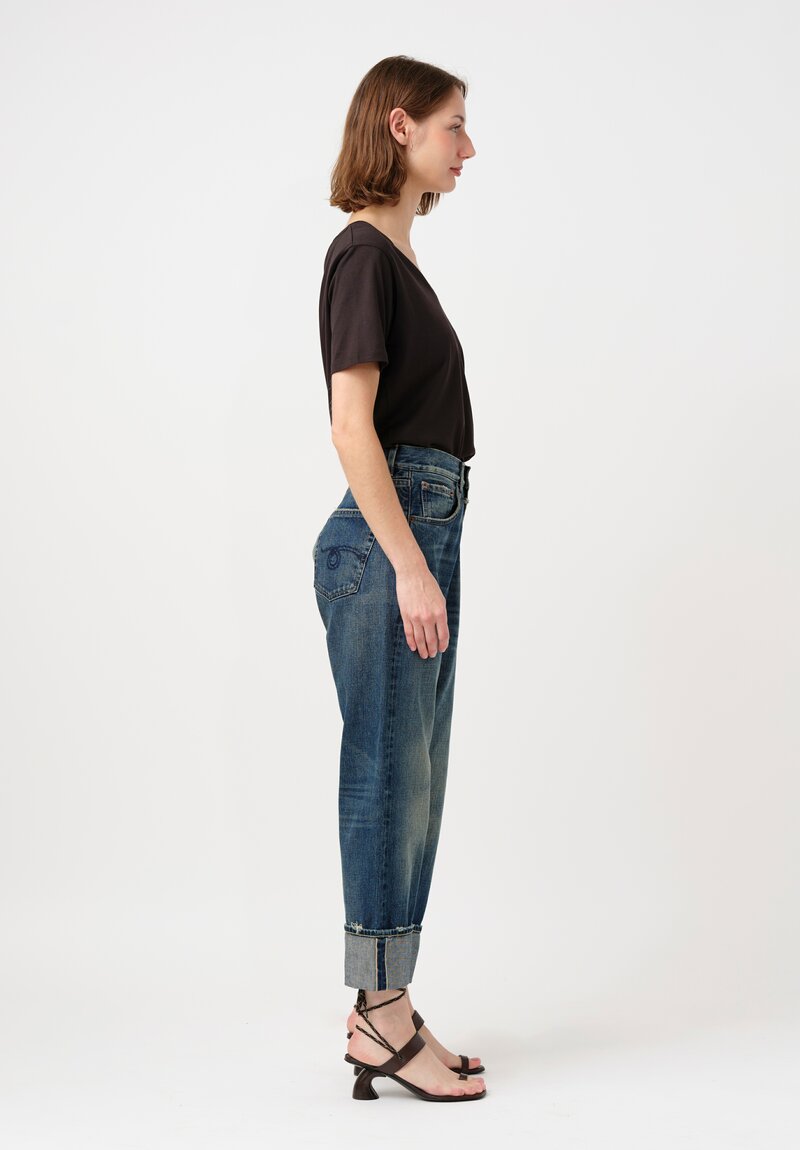 R13 Cotton Denim Cuffed Selvedge Ex-Boyfriend Jeans in Adelaide Blue
