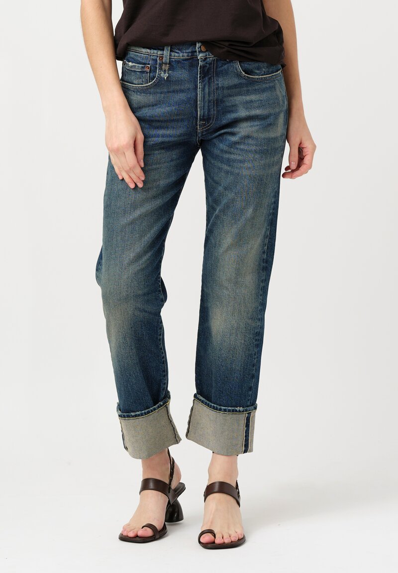 R13 Stretch Cotton Denim Cuffed Selvedge Romeo Jeans in Adelaide Blue