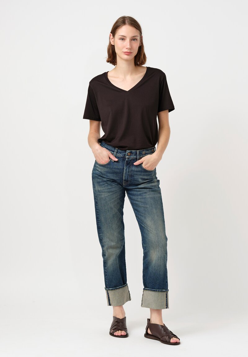 R13 Stretch Cotton Denim Cuffed Selvedge Romeo Jeans in Adelaide Blue