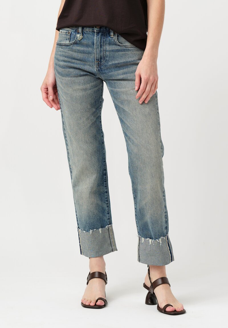 R13 Stretch Cotton Denim Cuffed Romeo Selvedge Jeans in Estin Blue