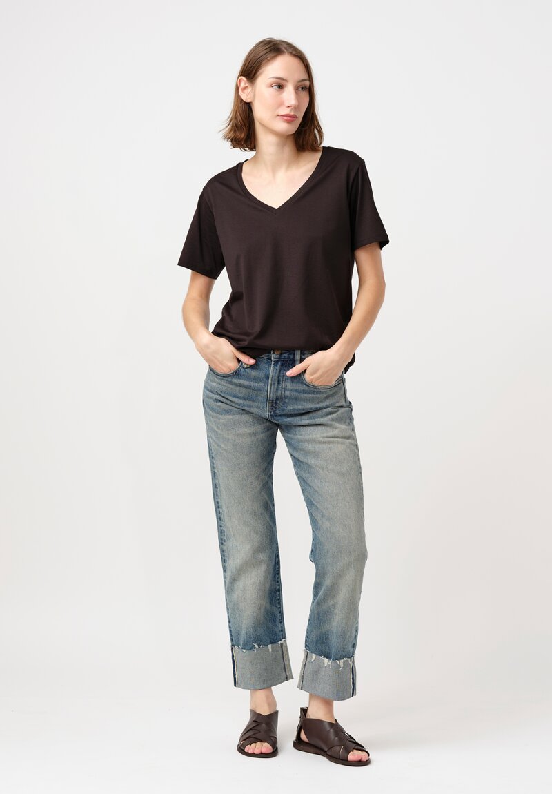 R13 Stretch Cotton Denim Cuffed Romeo Selvedge Jeans in Estin Blue