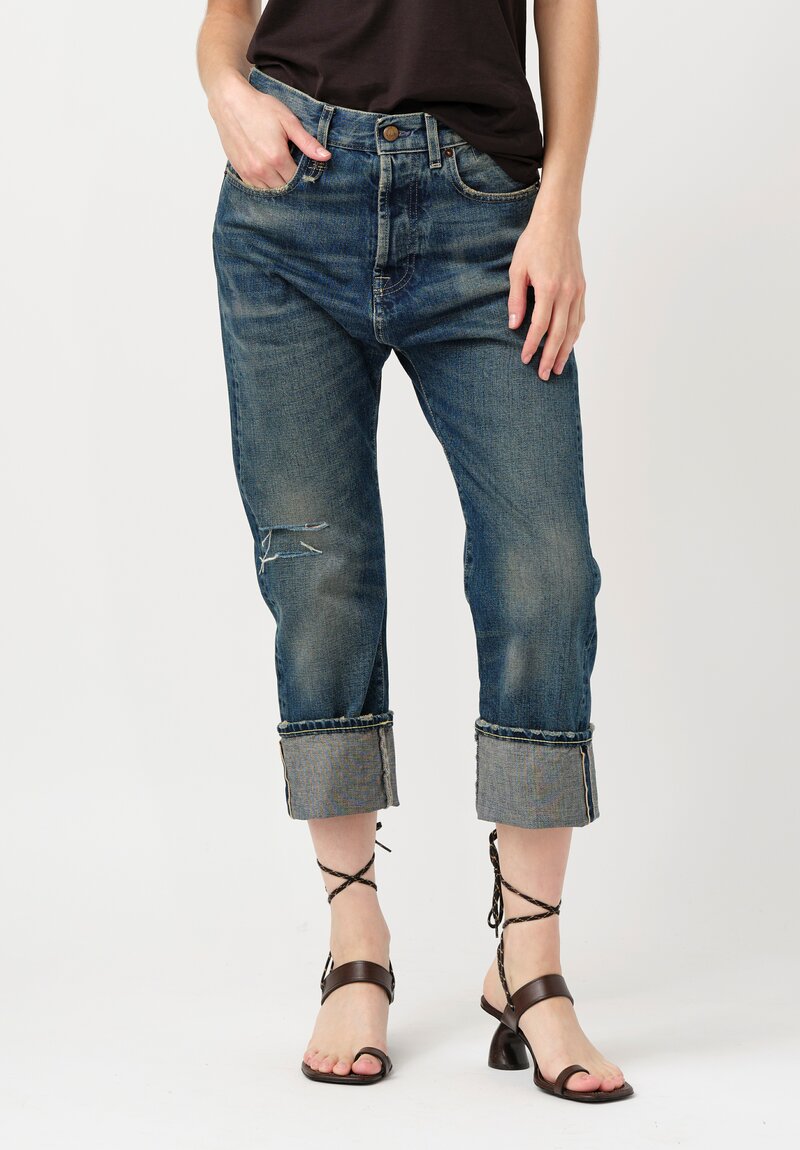 R13 Cotton Denim Cuffed Drop-Crotch Selvedge Distressed Jeans in Adelaide Blue