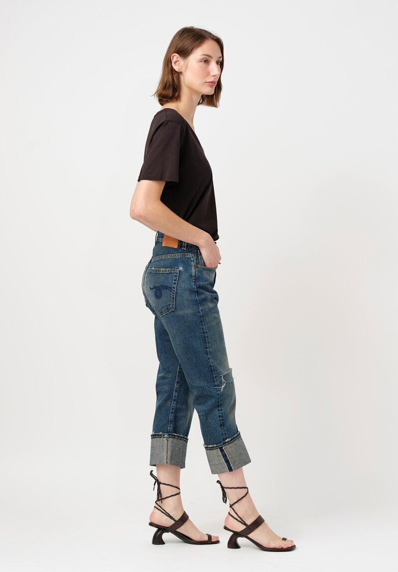 R13 Cotton Denim Cuffed Drop-Crotch Selvedge Distressed Jeans in Adelaide Blue