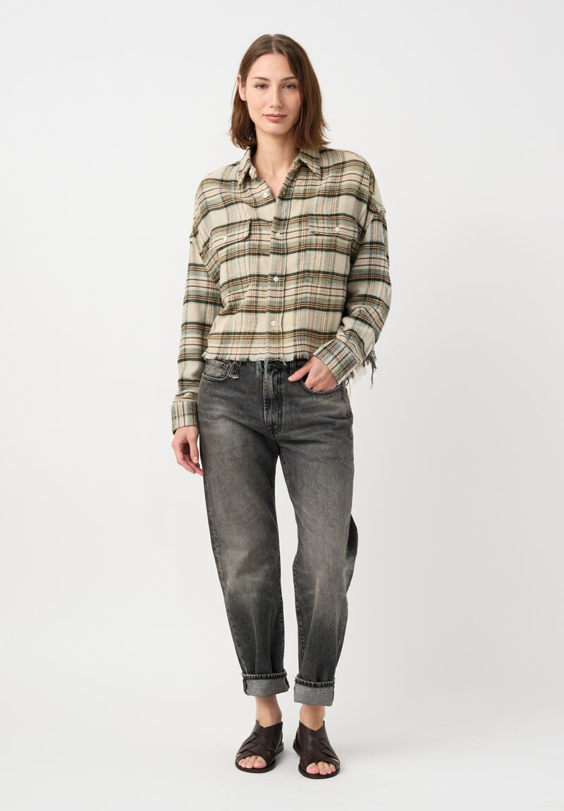 R13 Cotton Button-Down Work Shirt in Natural & Green Plaid