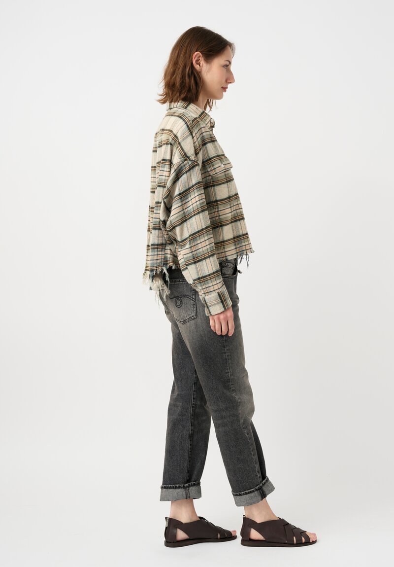 R13 Cotton Button-Down Work Shirt in Natural & Green Plaid