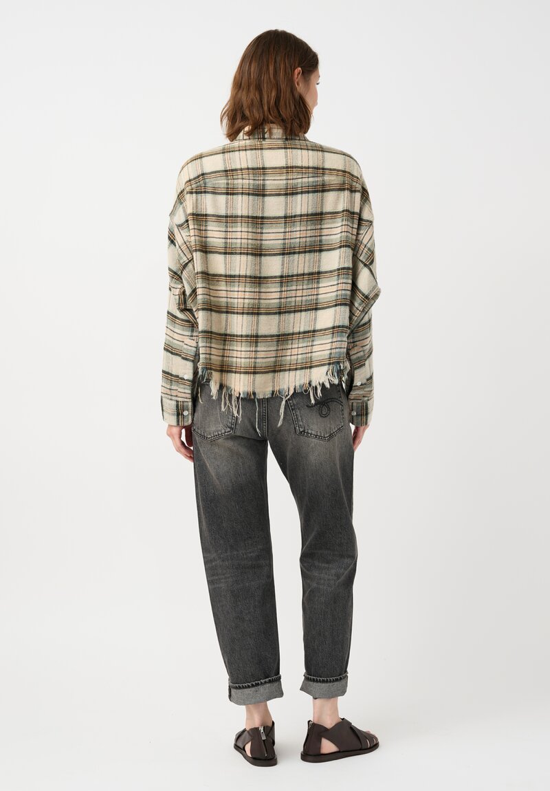 R13 Cotton Button-Down Work Shirt in Natural & Green Plaid