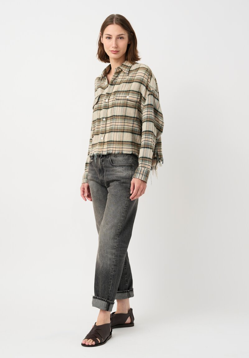 R13 Cotton Button-Down Work Shirt in Natural & Green Plaid
