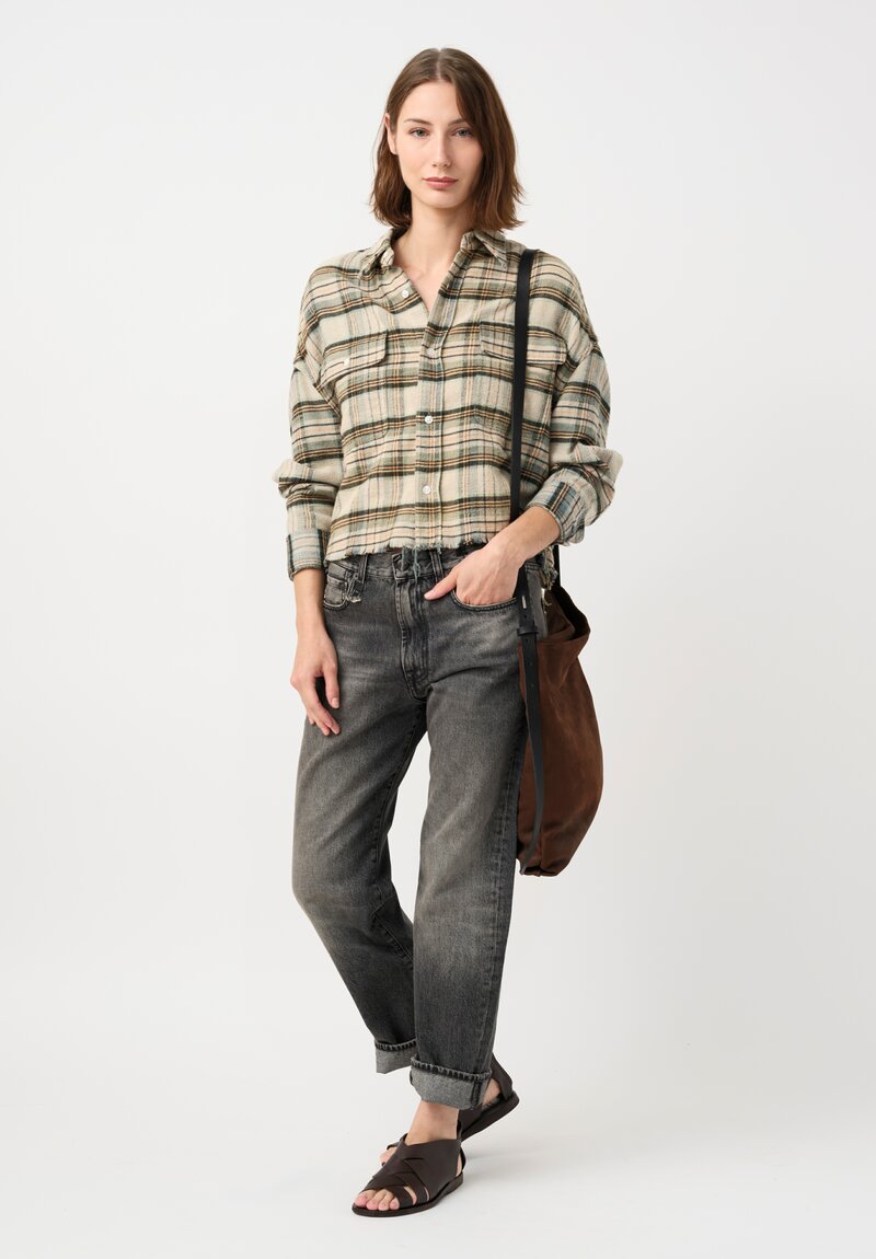 R13 Cotton Button-Down Work Shirt in Natural & Green Plaid