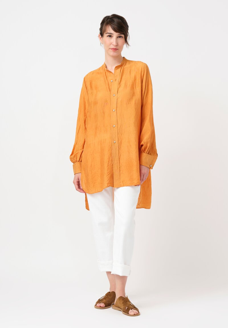 Kaval Khadi Silk Band Collar Button-Down Tunic in Mango Orange