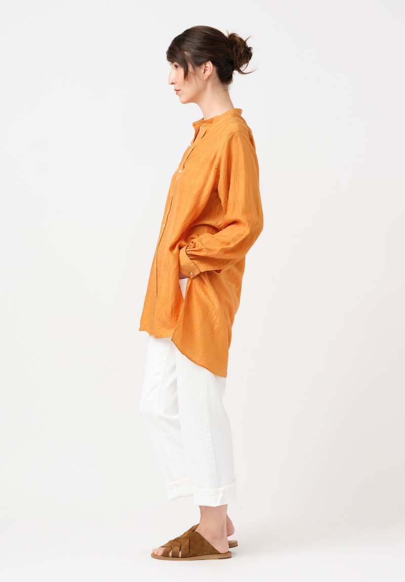 Kaval Khadi Silk Band Collar Button-Down Tunic in Mango Orange