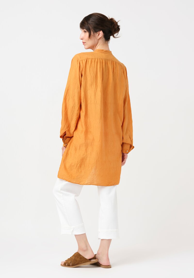 Kaval Khadi Silk Band Collar Button-Down Tunic in Mango Orange