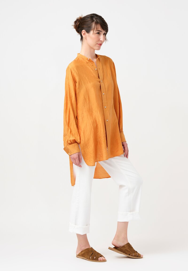 Kaval Khadi Silk Band Collar Button-Down Tunic in Mango Orange