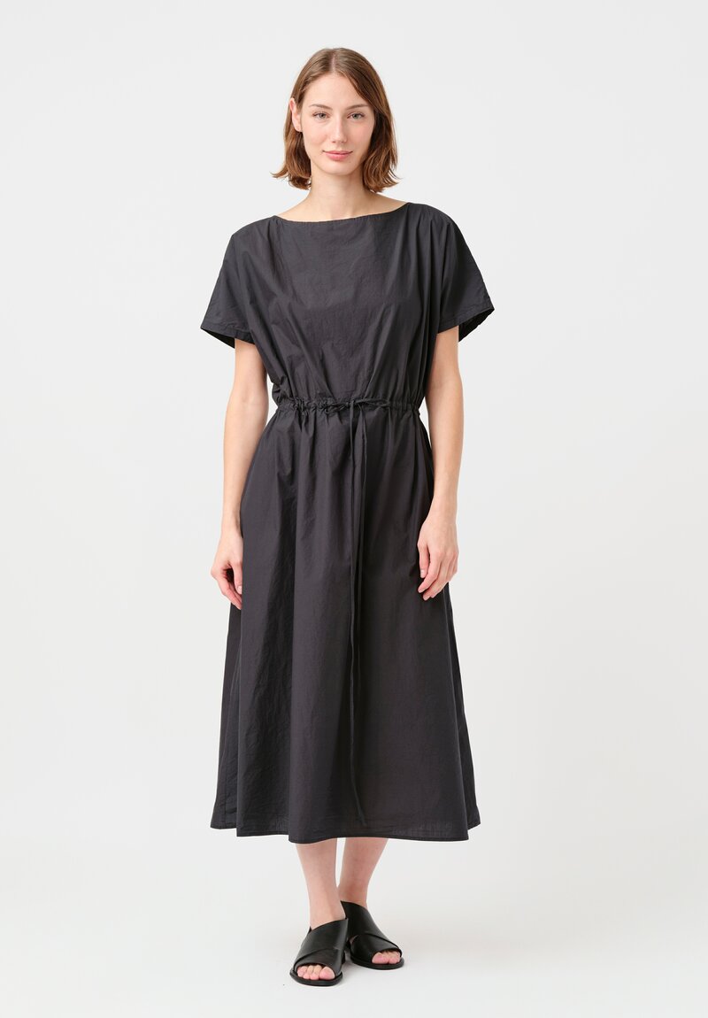 Kaval Japanese Typewriter Cotton Drawstring Waist Dress in Smoky Black
