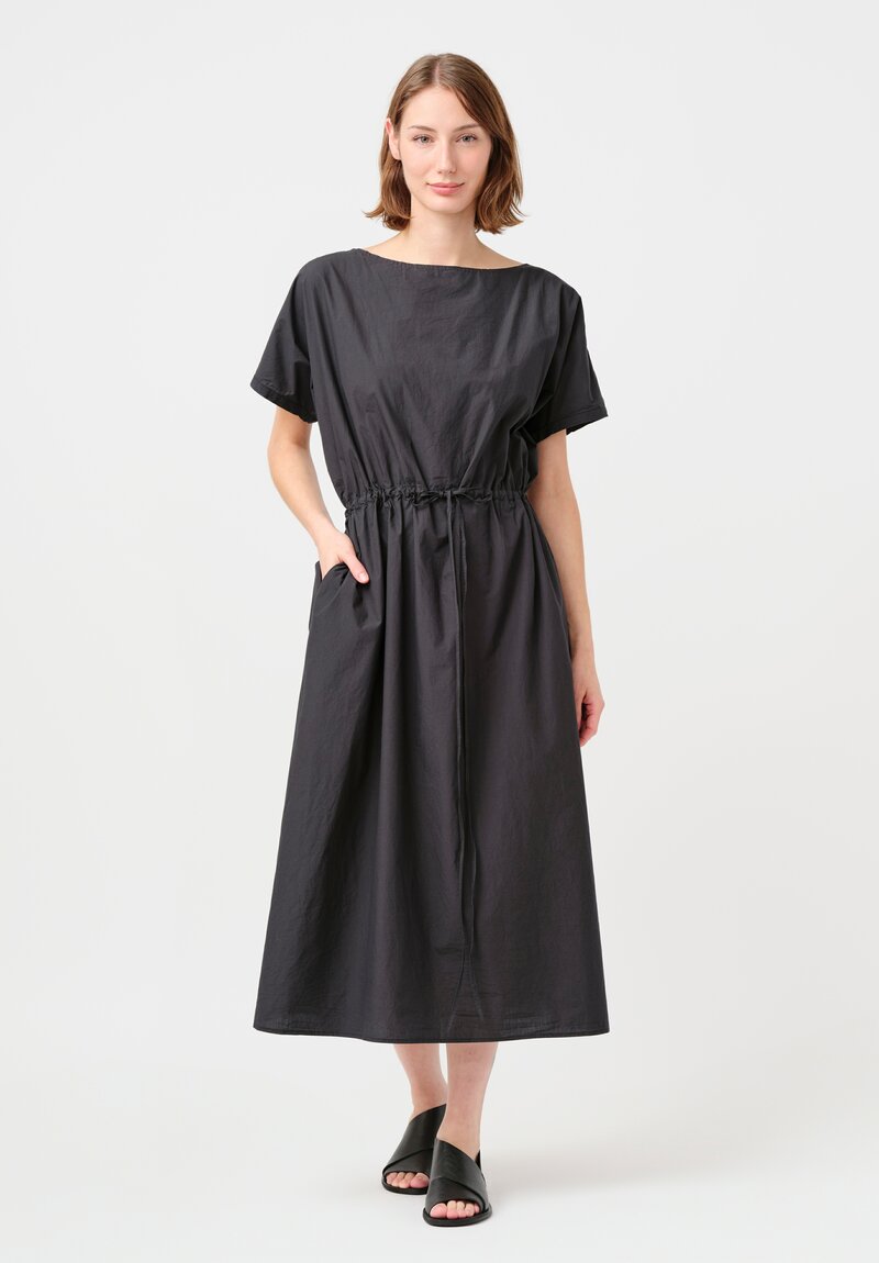 Kaval Japanese Typewriter Cotton Drawstring Waist Dress in Smoky Black