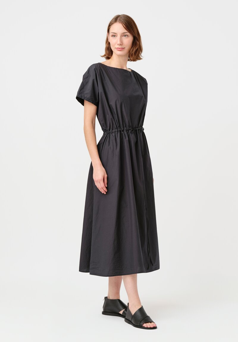Kaval Japanese Typewriter Cotton Drawstring Waist Dress in Smoky Black
