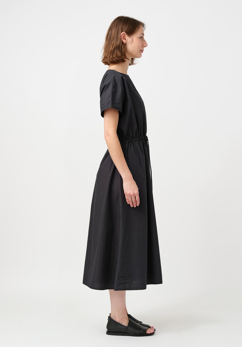 Kaval Japanese Typewriter Cotton Drawstring Waist Dress in Smoky Black