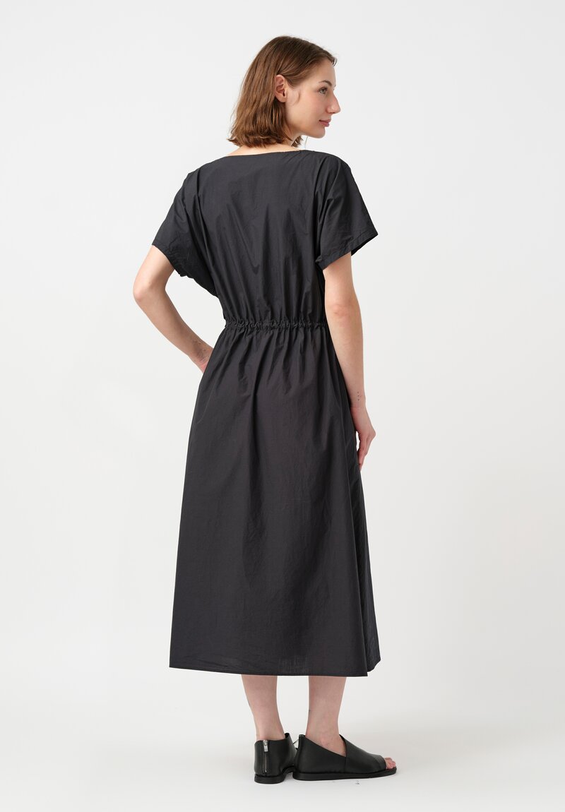 Kaval Japanese Typewriter Cotton Drawstring Waist Dress in Smoky Black