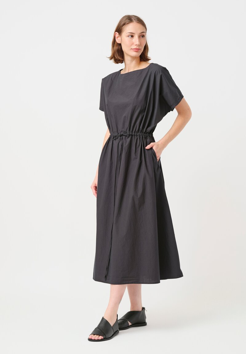 Kaval Japanese Typewriter Cotton Drawstring Waist Dress in Smoky Black