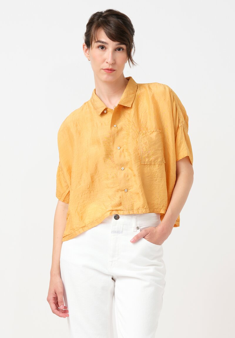 Kaval Khadi Silk Aloha Button-Down Crop Top in Apricot Orange