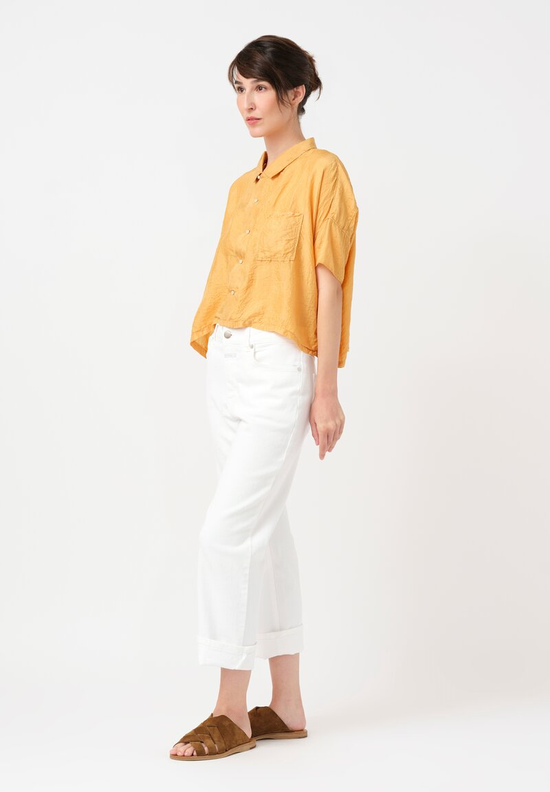 Kaval Khadi Silk Aloha Button-Down Crop Top in Apricot Orange