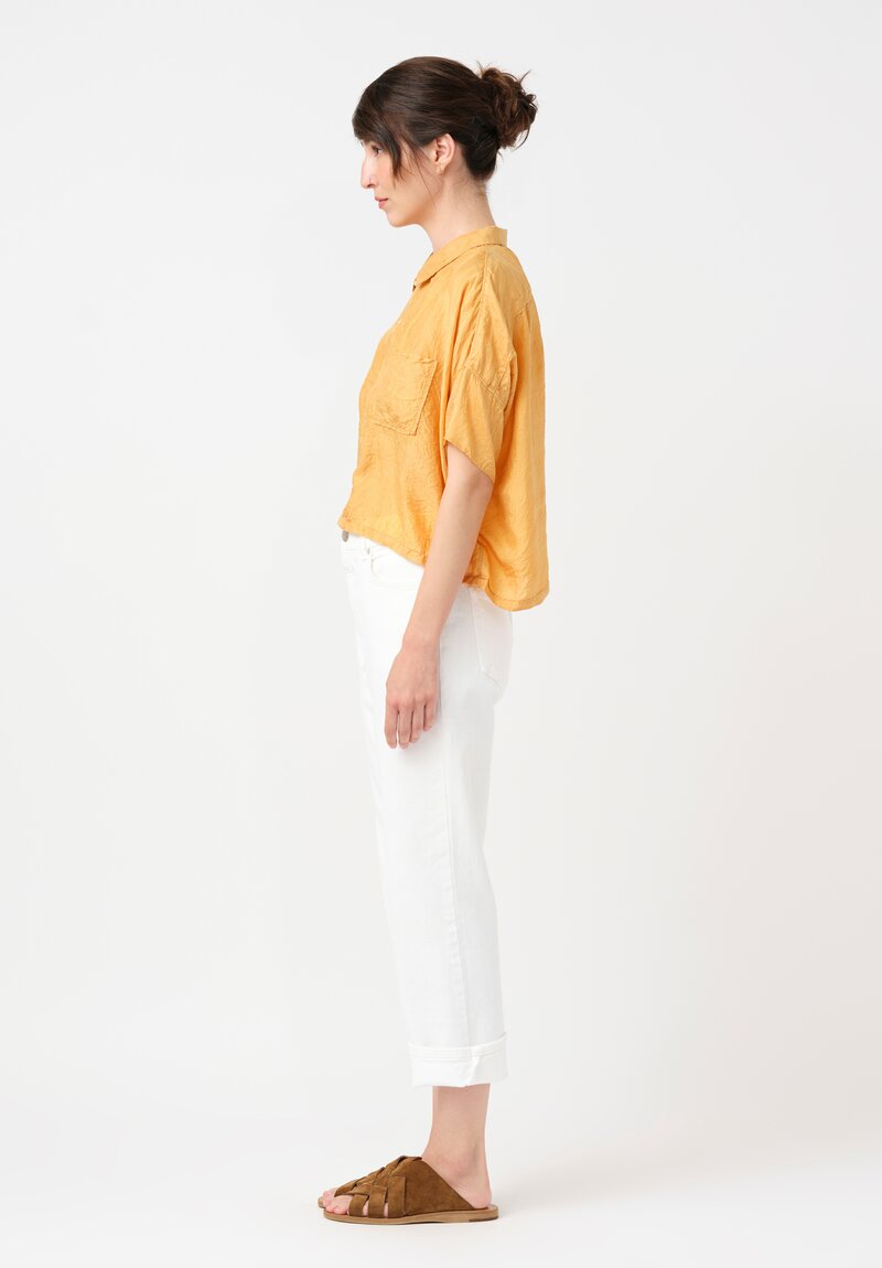 Kaval Khadi Silk Aloha Button-Down Crop Top in Apricot Orange