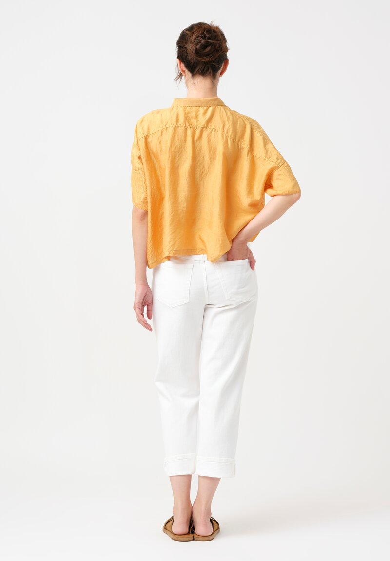 Kaval Khadi Silk Aloha Button-Down Crop Top in Apricot Orange