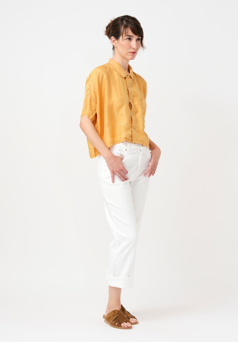 Kaval Khadi Silk Aloha Button-Down Crop Top in Apricot Orange
