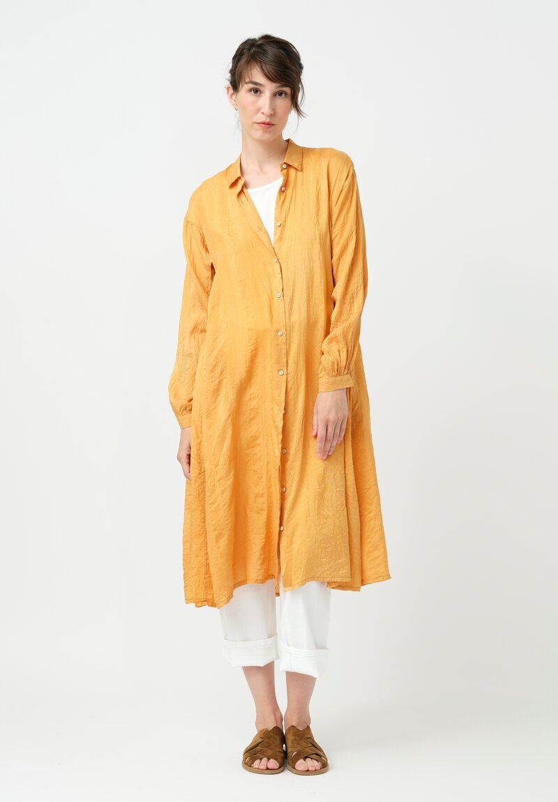 Kaval Khadi Silk Point Collar Button-Down Dress in Apricot Orange