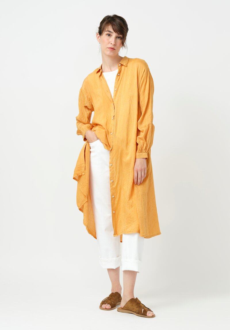 Kaval Khadi Silk Point Collar Button-Down Dress in Apricot Orange
